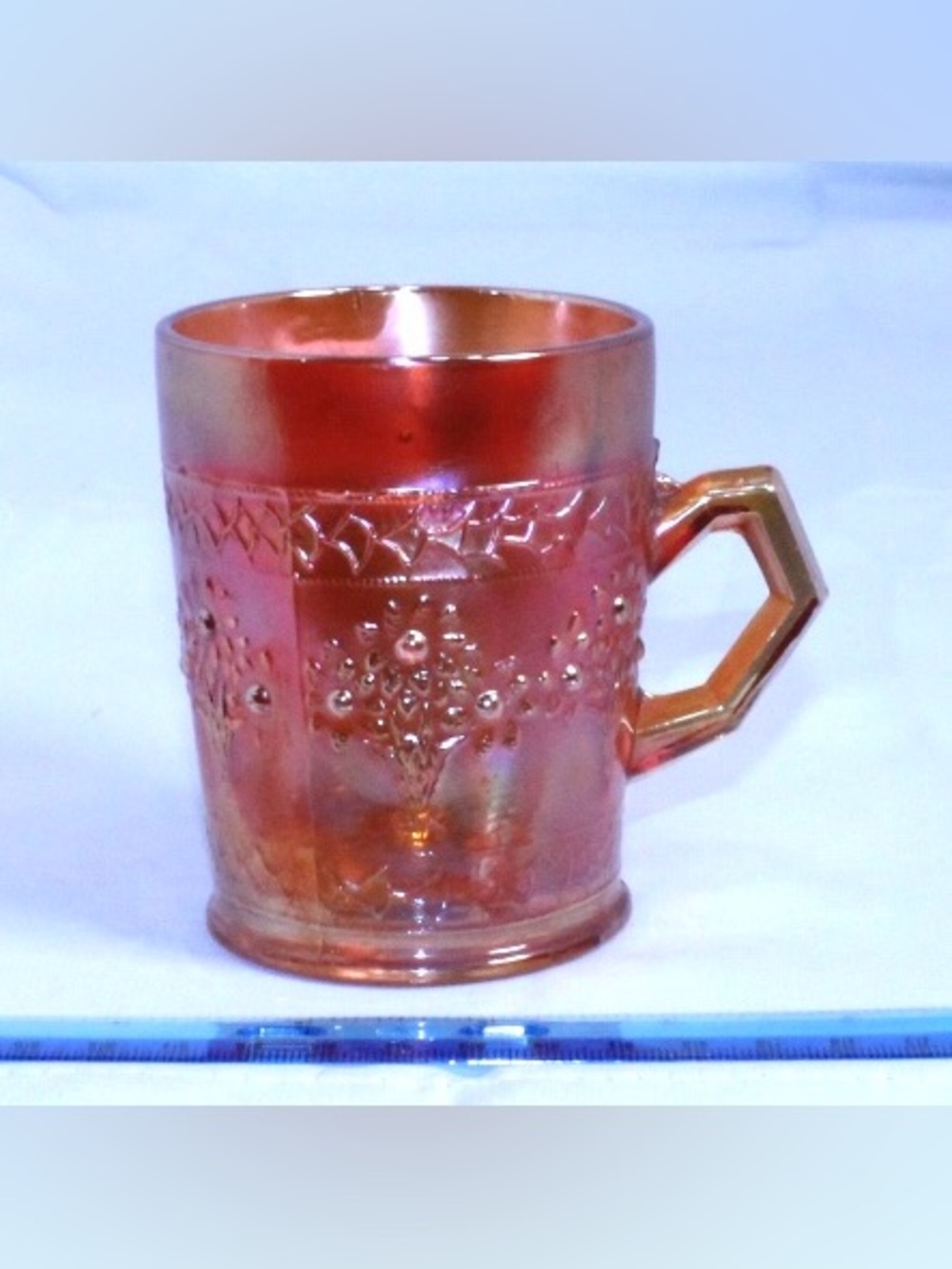 Antique Fenton Marigold Carnival Glass Mug Orange Tree *crack*